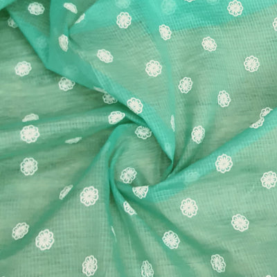 Aqua Green Base White Floral Embroidery On Cotton Kota Doria Fabric. - thepaisleyfabrics.com