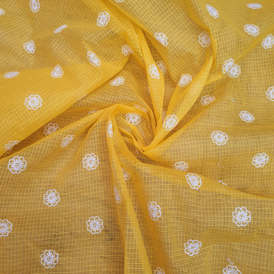 Bright Yellow Base White Floral Embroidery On Cotton Kota Doria Fabric. - thepaisleyfabrics.com